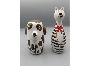 Pair Of Hand-painted Cat And Dog Style Wood Nesting Dolls