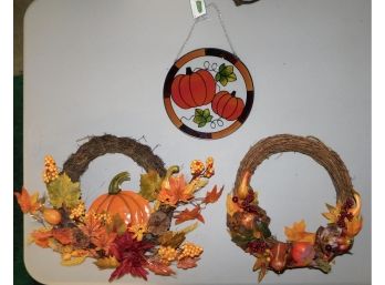 Pair Of Wicker Style Fall Design Wreaths With Hanging Pumpkin Suncatcher