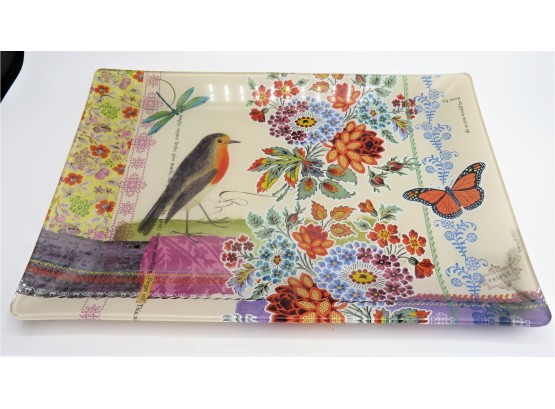 Fringe Studio Beautiful Floral, Bird & Butterfly Rectangular Glass Plate