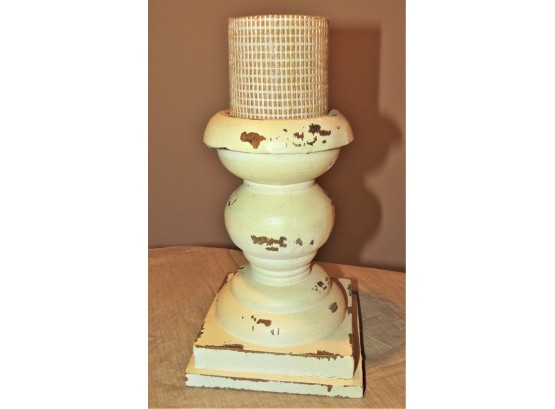 Distressed Ivory Wood Candle Holder With Candle