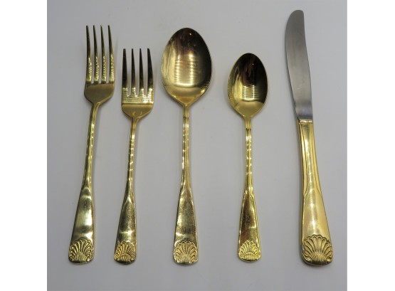 GOLD ELECTROPLATE Excel 18-0 Gold Tone Flatware Set With 2 Storage Boxes