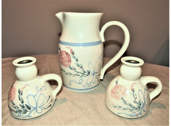 Olde Cape Cod Stoneware Pitcher & Candlestick Holders - Set Of 3