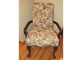 Beautiful Floral Fabric Upholstered Armchair With Wood Accents