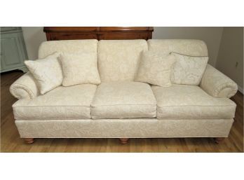 Stylish Ethan Allen Ivory Sofa With 4 Throw Pillows & Arm Chair Covers