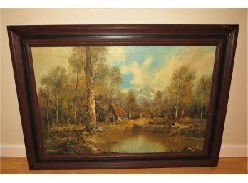 Vibrant Lorenz Signed Scenic Cabin In The Woods Framed Wall Art