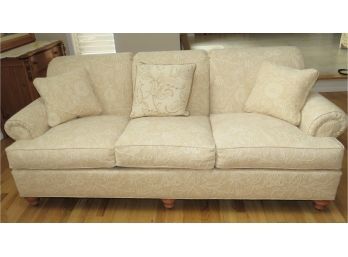 Stylish Ethan Allen Ivory Sofa With 3-throw Pillows & Arm Chair Covers