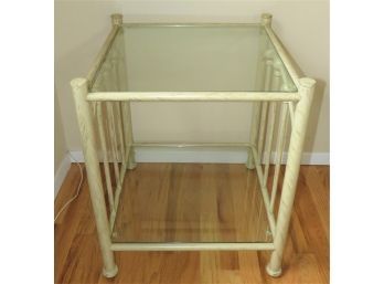 Ivory Metal With Glass Top Square End Table With Bottom Glass Shelf
