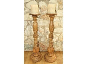 Wood Candlestick Holders With Pillar Candles - Set Of 2