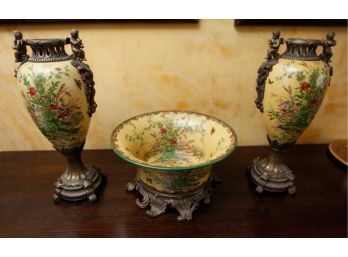 Peter Andrews - Vintage Pair Of Ornate Decorative Vases W/Bronze Mounts Decorative Ceramic Bowl W/ Metal Base