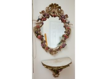 RARE Timeless Ornate Cherub & Floral Accent Victorian Style Mirror W/ Matching Shelf