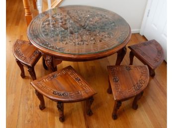 Oriential Inspired Ornately Carved Chinese Chow Set - Table Glass Top Custom Protection  W/ 4 4 Stools