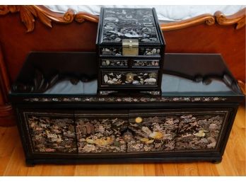 Stunning Vintage Korean Wooden Chest - Lacquer Mother Of Pearl W/ Glass Top - Matching Jewelry Box Included