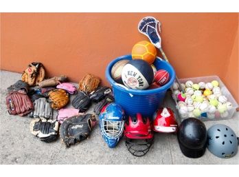 Lot Of 15 Baseball Mits - 5 Assorted Helmets - Large Big On Baseballs & Basketballs