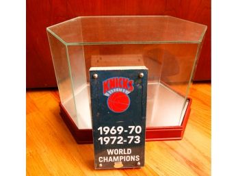 A Secion Of 1969-70 NY Knicks  World Champion Court - Madison Square Garden - Glass Case W/ Mahogany Bottom