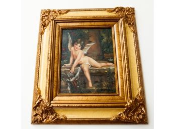 Stunning Cupid W/ Bow Oil Painting In Gold Gilt Ornate Frame - Signed R. Vega #418