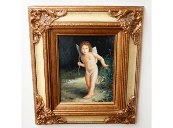 Vibrant  Cupid W/ Bow  Oil On Wood - Painting In Ornate Gold Gilt  Frame- Signed R. Vega