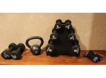 Assorted Dumbbells & 1 Kettle Ball With Stand