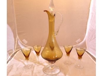 Amber Glass Decanter With 5 Glasses