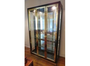 Lovely Curio Cabinet W/ 5 Glass Shelves - Gold Chrome W/ Black Framing - 2 Front Doors - Lights Work Need Bulb