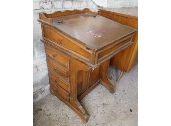 Antique Wooden School Desk W/ 8 Drawers - Top Opens