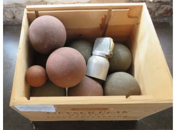 Vintage Set Of Bachi Balls In Wooden Crate W/ Tape Measure Tool