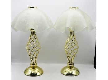 Pair Of Tea Light Lamps - Brass Swirl Base - White Frosted Glass Shade
