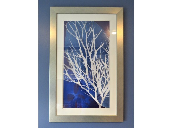 Dramatic White Branch With Blue Background Silver Toned Framed Wall Decor