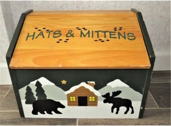 Wood 'hats & Mittens'storage Box With Log Cabin And Woodland Animals Design