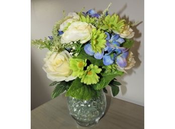 Glass Vase With Artificial Flower Arrangement & Clear Glass Beads