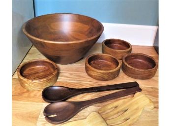 Assorted Lot Of Wood Salad Bowl , Small Bowl & Wood Serving Utensils - Set Of 9