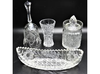 Assorted Cut Glass - Vase, Sugar Bowl With Lid, Dish & Bell - Set Of 4