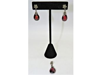 Elegant Sterling Silver Red Stone Hanging Earrings And Necklace Pendant