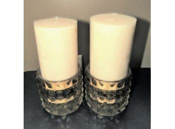 Amber Glass Candle Stick Holders With Pillar Candles - Set Of 2