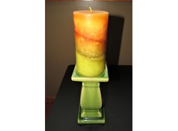Green Ceramic Pillar Candle Holder & Candle