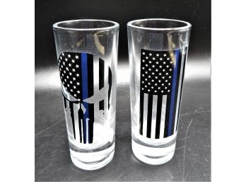 Blue Stripe Shot Glasses - Assorted Set Of 2 - The Punisher & American Flag