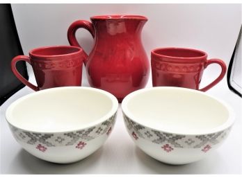 Red Pitcher, (2) Red Mugs & (2) Villeroy & Bosch Bowls - Assorted Set Of  5