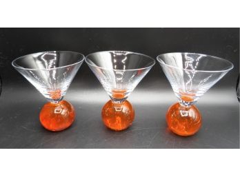 Vintage Signed E COINTREAU Cocktail MARTINI GLASS HandBlown Bubble Orange Amber Ball - Set Of 3