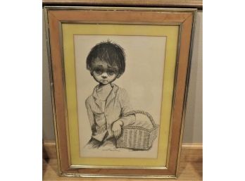 Big Eye By Ozz Franca Framed Sketch Of Boy With Basket Custom Framed