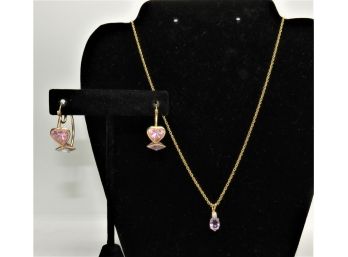 Striking Gold-tone Necklace With Pink/purple Stone & Heart/diamond Shapes Earrings