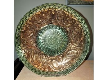 Decorative Green & Gold Glass Plate With Metal Stand