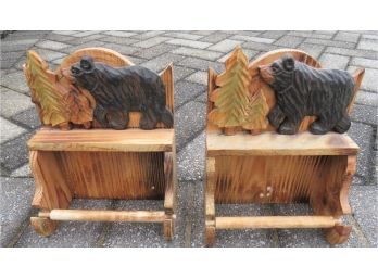 Unique Wood Carved Bear Design Toilet Paper Holders - Set Of 2