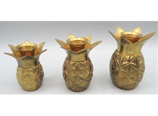 Brass Pineapple Candlestick Holders - Set Of 3 Assorted Sizes