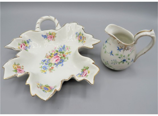 Antique Reflections By J. Godinger & Co. Porcelain Leaf Shaped Floral Dish & Trademark Creamer - Set Of 2