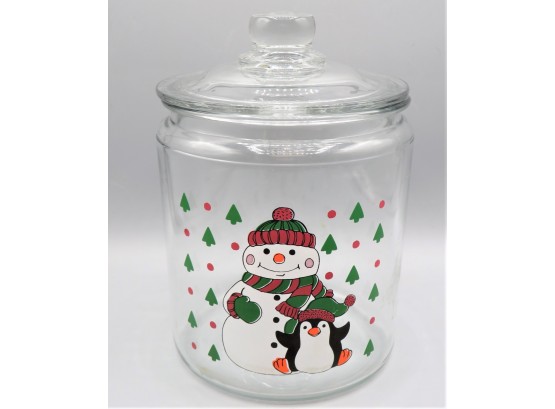 Glass Snowman With Penguin Jar With Lid