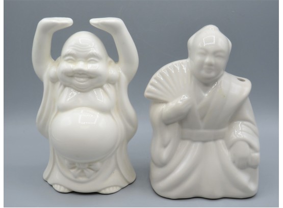 Ceramic Benihana Buddha & Asian Man With Fan Figurines - Assorted Set Of 2