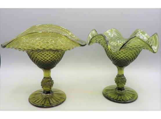 Green Colored Glass Stemmed Bowls - Set Of 2
