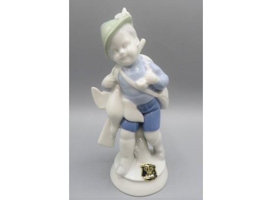 Beautiful Golden Crown E&R Porcelain Boy And Goose Figurine - Made In Western-germany