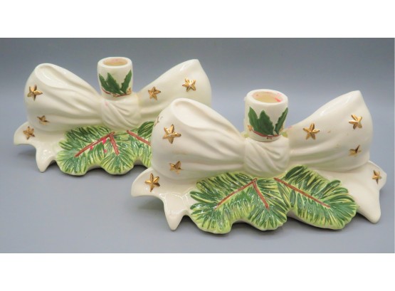 Festive Bow -shaped Candlestick Holders With Gold Stars & Pine Branches - Set Of 2