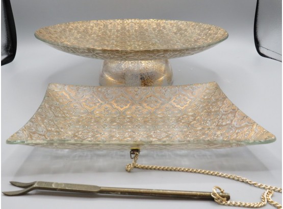 Retro Gold-tone Embossed Pedestal Glass Cake Platter & Rectangular Dish With Attached Serving Fork