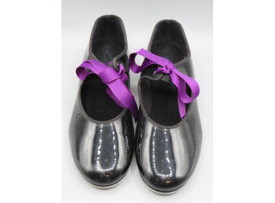 Capezio Tele Tone Jr. Black Tap Shoes With Purple Ribbon - Size 8W